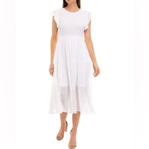 Women's Ruffle Sleeve Smocked lined Gauze Midi Dress POCKETS white